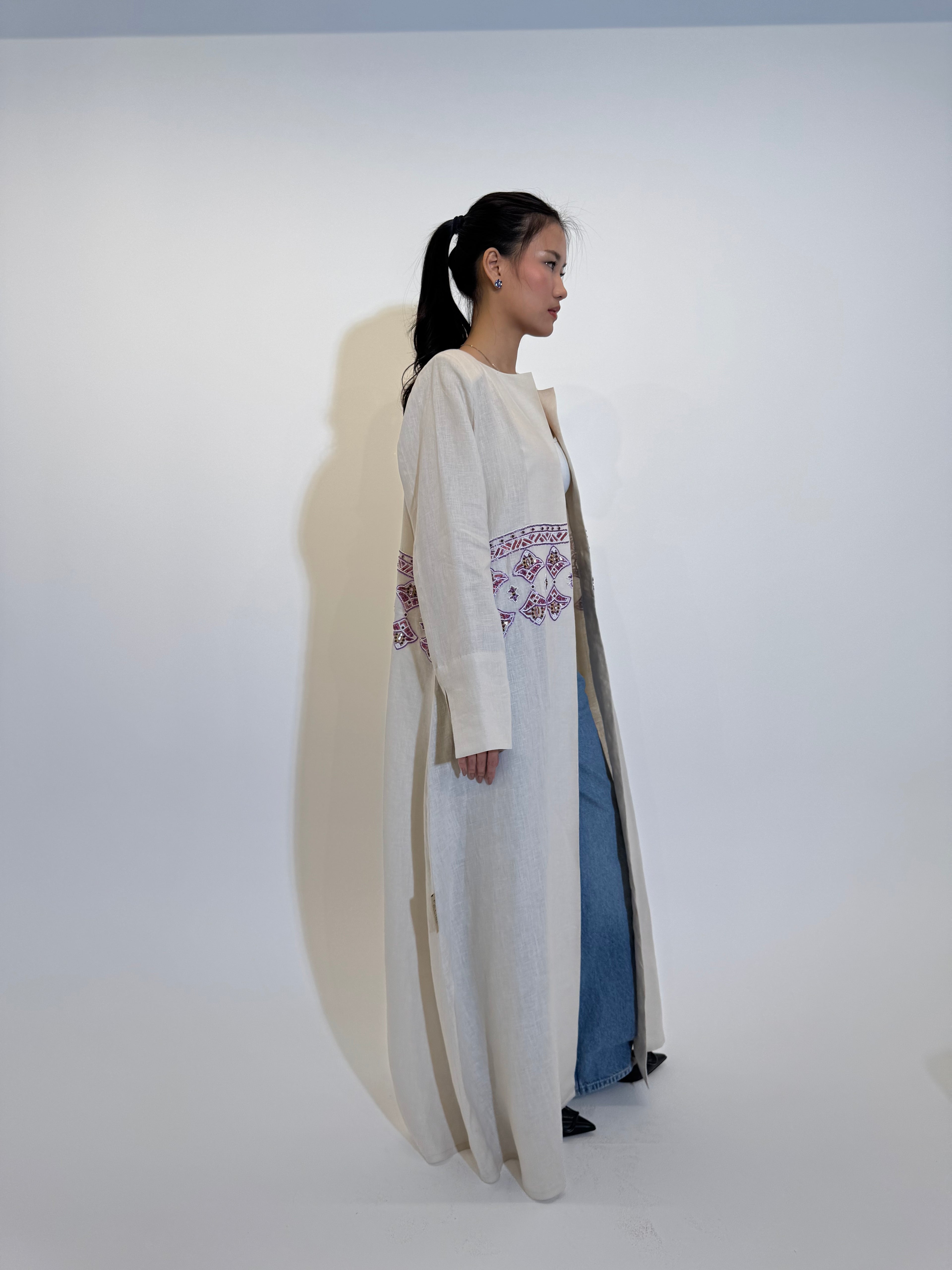 purple embroidery linen Abaya