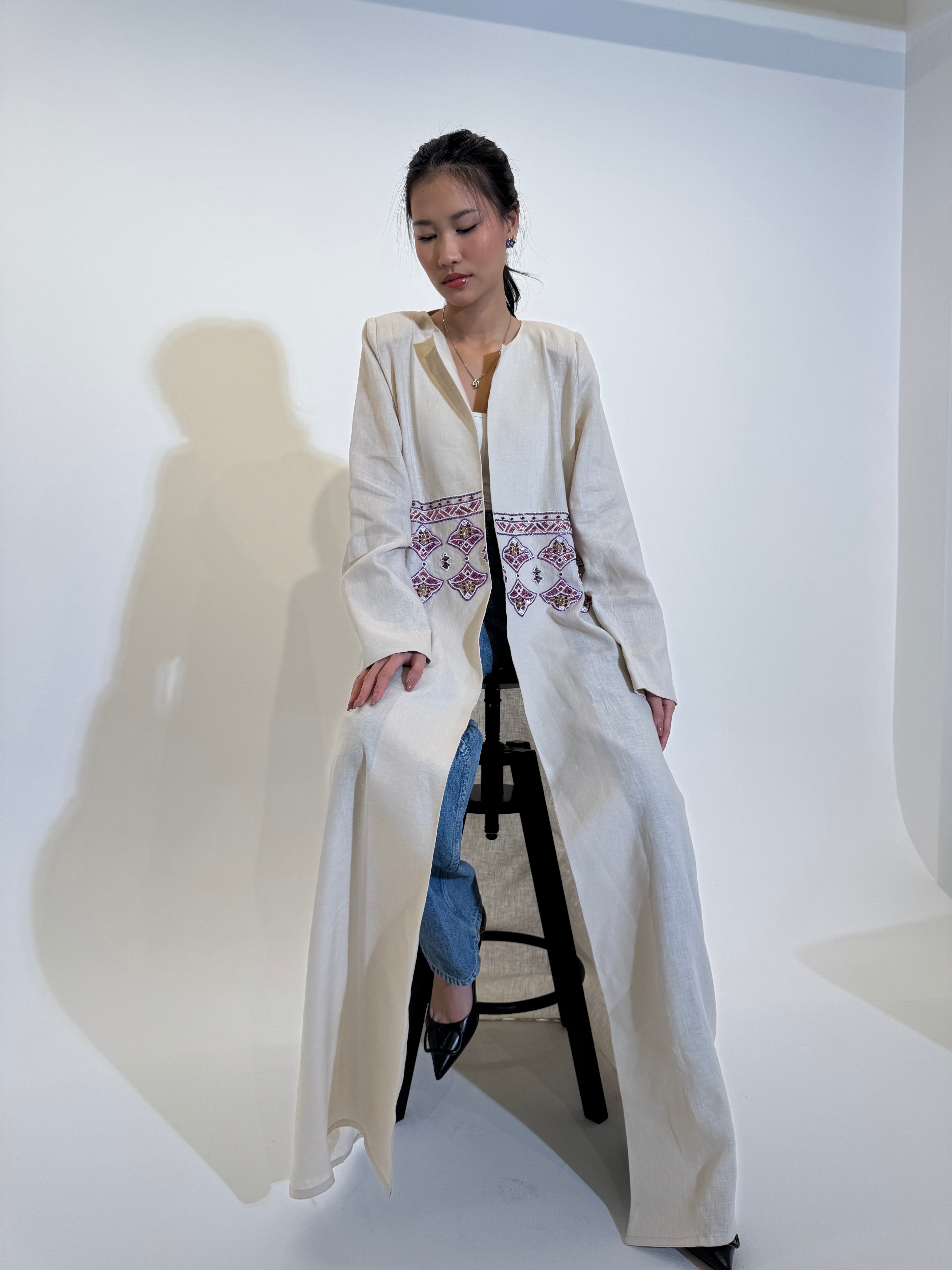 purple embroidery linen Abaya