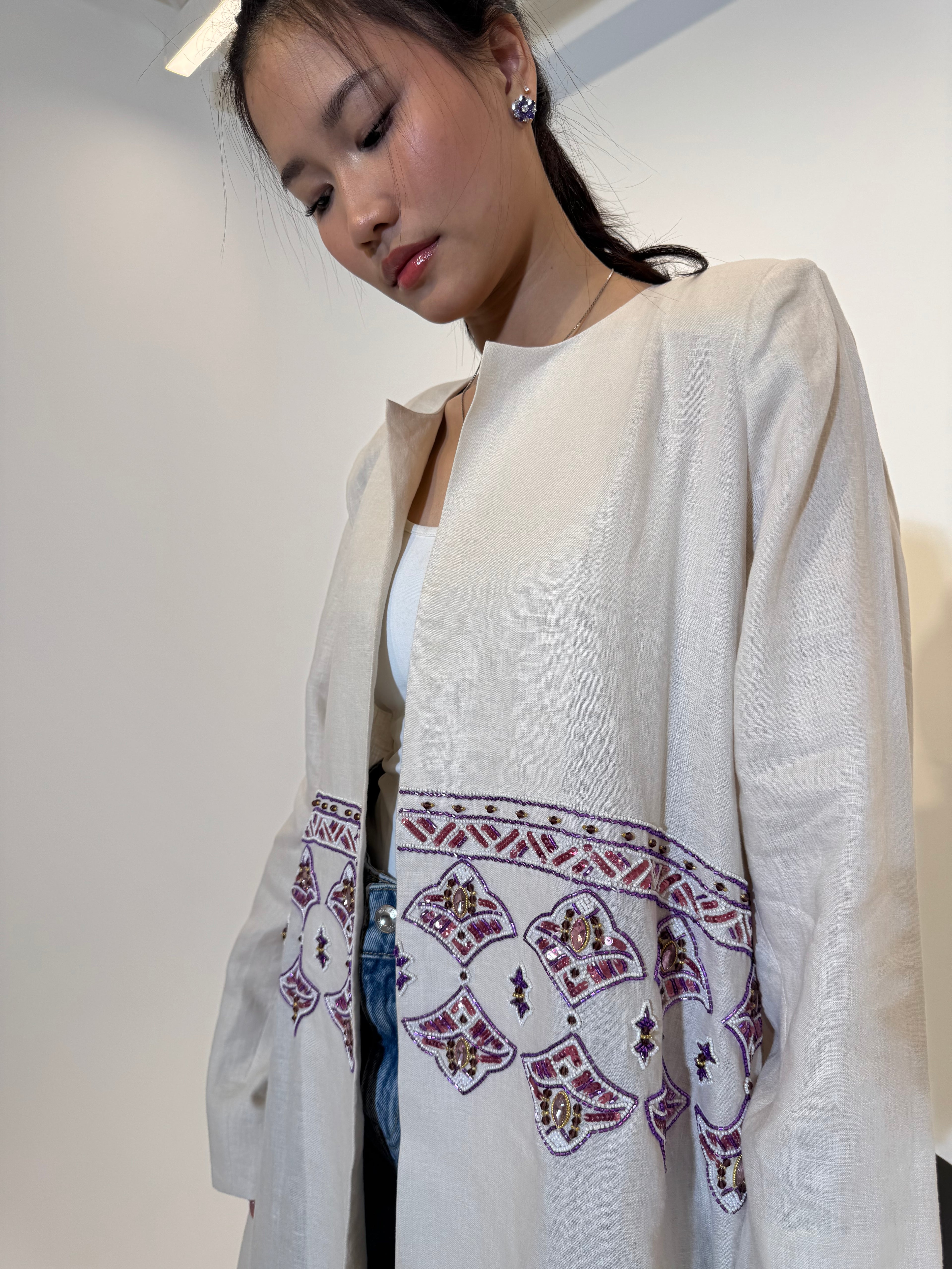 purple embroidery linen Abaya